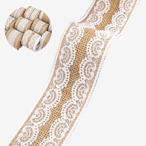 HSTWODE 10M Juteband mit Spitze, 5 cm breit Natürliche jute Bänder und Spitze, Weißer Spitze Natürlich Dekoration Für Geburtstag Hochzeit Party, Weihnachten Dekoration (Stil 1#)