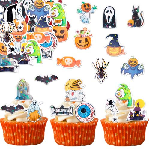 ENLACE Essbare Halloween Tortendeko,60 Stück Essbare Halloween Deko für Torte,Bat Halloween Deko Kuchen,Geister Tortendeko Essbar Halloween,Halloween Muffin Deko Essbar,Halloween Deko Torte