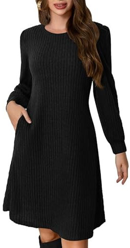 Ritiriko Tunika Pullover Kleid für Damen Puff Langarm Kleider Runden Hals Winterstrickkleider Mit Taschen Schwarz 2XL