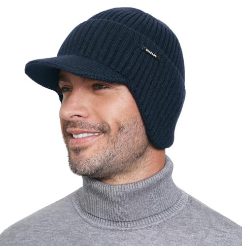 Wmcaps Wintermütze mit Ohrenschützern, Strickmütze für Herren Dickes Warmes Futter Wind und Kältefest Ski-Gehörschutz, Geschenke für Männer Frauen Freundinnen, Marineblau