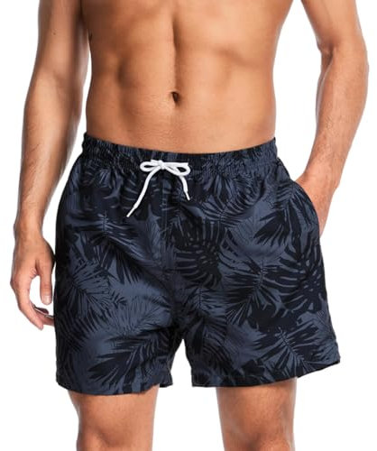 AMZSPORT Shorts de Bain Homme Boardshort Imperméable Maillot de Bain avec Poches et Doublure en Maille, Feuille Noir M