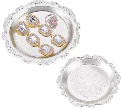 PH PandaHall 2 Sizes Jewellery Tray, Silver Storage Trays Candle Dish Makeup Organizer Serving Tray Vintage Style Dresser for Holiday Party Wedding Decorations 3.9/5.9 Inch