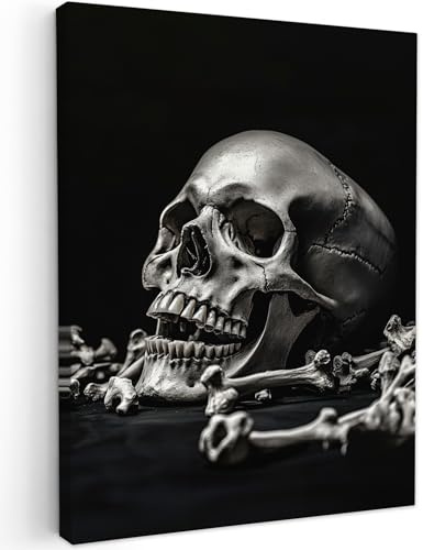 MuchoWow© Bilder Wohnzimmer Deko Modern Wandbild Kunstdruck auf Leinwand | 50x70 cm - Bild Schlafzimmer über Bett Room Decor Geschenke Schädel - Knochen - Totenkopf - Schwarz