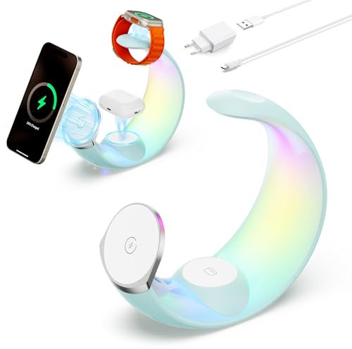 4 in 1 Ladestation für Apple, magnetisches kabelloses Ladegerät für iPhone 16 15 14 13 12 11 9 8 alle Serien mit RGB-Nachtlicht & für Apple Watch Ladegerät & für AirPods 4 mit ANC/3/2/Pro