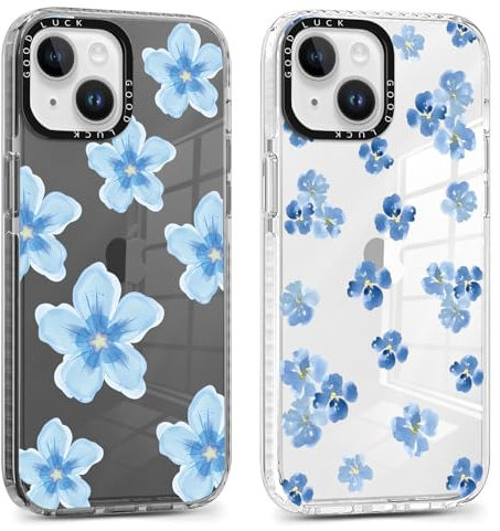 Yoedge 2 Pack Transparent Blue Flowers Phone Case for iPhone 14/iPhone 13 6.1, Fashion Floral Aesthetics Pattern Design,Soft Silicone TPU Shockproof Bumper Protector Girls Women Cover, for iPhone 14