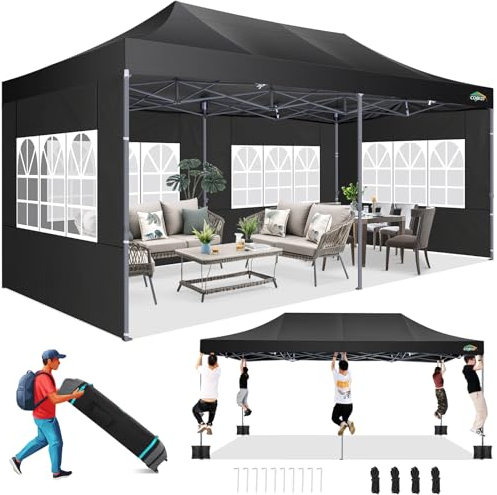 COBIZI Tente de Réception 3x6m avec 6 Parois Latérales, Barnum Pliant Installation Facile pour Événements Extérieurs, 100% Imperméable, 3 Hauteurs Réglables avec Sac de Transport à roulettes, Noir