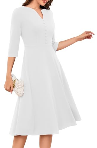 DRESSTELLS Cocktail Dress, White Church Dresses for Women, Long Sleeve Formal Wedding Party Dress, Aline Fit and Flare Vintage Prom White L