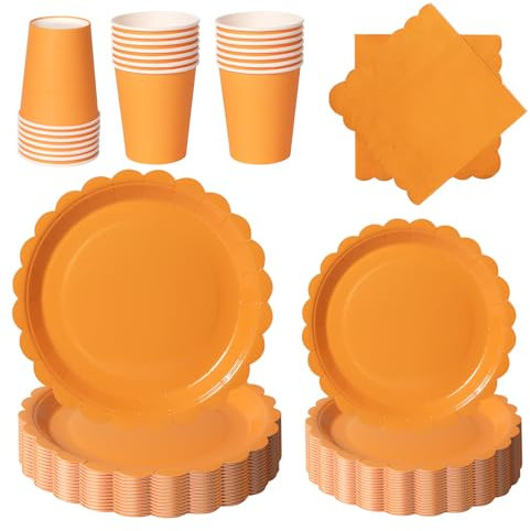 PYAILI Anniversaire Vaisselle de fete 96 Pièces Orange Party Assiettes en Papier Set Assiettes de Fête Papier Tasses Serviettesr, pour Barbecue les Fêtes les Pique-niques -24 Invités