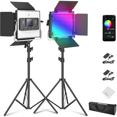NEEWER Upgraded 660 PRO II RGB LED Video Light with App Control & Tripod Stands, 2 Pack 50W Key Panel Lighting with 7000lux CRI97+ 3200K~5600K for Game Streaming YouTube Recording Studio Photography