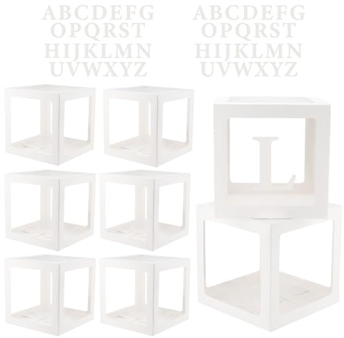 8er Set Ballonboxen, Deko-Boxen Geburtstag, 30x30x30cm, Mit zwei Sets 26 Buchstaben, Transparentet Ballon box für Hochzeit und verschiedenen Partys, Weiß & Klar