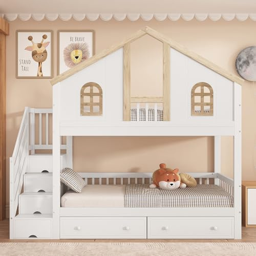 Oslghy Etagenbett Kinderbett 90x200 cm, Hochbett mit Stauraum Treppe und Schubladen, Modern Baumhaus Bett Bettgestell für 2 Kinder mit Fenster, Rausfallschutz und Lattenrost, Weiß+Natur,Ohne Matratze
