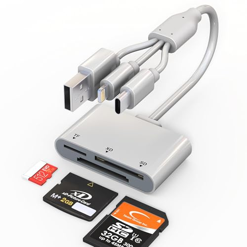 XD/TF/SD to iPhone Adapter Reader with USB-C, USB-A, Lightning - 3in1 SD MicroSD xD-Picture Card Reader, OTG Adapter SD Card Adapter for Smartphone/iPhone 17/16/15/14/13/iPad/PC/Android/Macbook/Camera