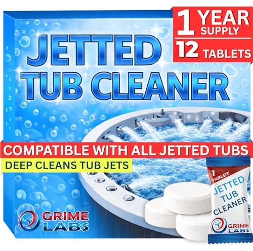 GRIME LABS Jetted Tub Cleaner Tablets – Bathtub Jet & Pipe Cleaner for Whirlpool Baths, Spas & Hot Tubs, Deep Cleans Tub Jets, Septic Safe, 12 Tablets