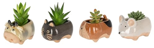 Set of 4 Ceramic Animal Succulent Planters (Cow, Cat, Dog & Mouse), Cute Decorative Plant Holders for Indoor Décor, Small Plants