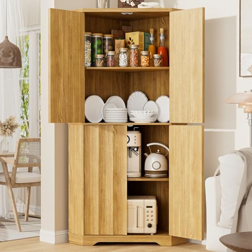 BROTTAR Corner Kitchen Cupboard, 68 Pantry Organizers and Storage, 4-Tier Fluted Kitchen Pantry Cabinet with 4 Doors & Shelves, Corner Storage Cabinet for Living Room, Dinning Room, Natural