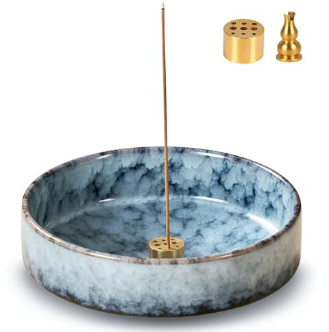 6 Ceramic Incense Holder for Sticks with 10 Holes,5in1 Handmade Flambé Glaze Incense Burner Bowl Ash Catcher for Stick,Coil,Cone,Sage,Palo Santo,Candle - Ideal for Yoga Spa Meditation Home Décor