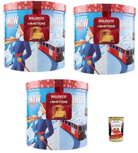 Balocco Il Panettone 3x 750 g in Geschenkdose – klassischer italienischer Weihnachtskuchen mit Rosinen & kandierten Früchten – nur Lievito Madre – dekorative Metallbox + Italian Gourmet polpa 400g