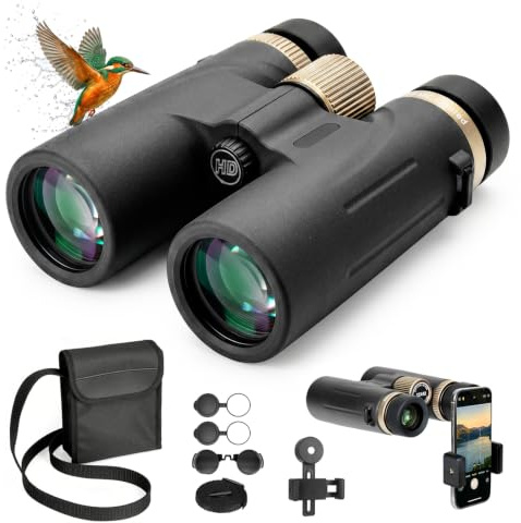 12x42 HD wasserdichtes Profi-Fernglas mit BAK4 Prisma, FMC Linse, Smartphone Adapter & Tragetasche, Easy Focus Weitwinkel – ideal für Vogelbeobachtung, Stargazing, Reisen, Wandern, Jagd & Konzerte