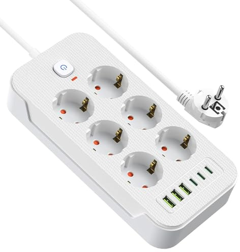 Steckdosenleiste mit Schalter, AOUOO 6 Fach Mehrfachstecker mit Verlängerungskabel 5M, 3USB/3Type-c (5V/3.1A), Max. 250 V / 16A, Steckdosenleiste Überspannungsschutz 3840W/16A für zu Hause, Büro Weiß