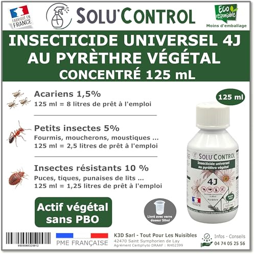 Solu’Control Insecticide Végétal 4J Concentré 125 mL – Actifs 100% végétaux, pyréthrines naturelles & huiles essentielles – Acariens, fourmis, puces, cafards, punaises de lit – Fabriqué en France