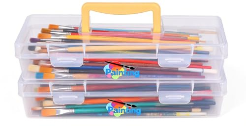 Punorric Paint Brush Case Set of 2, Large Pencil Storage Box for Long Brushes up to 13 Inch, Translucent Paint Brush Holder and Marker Pen Storage, Portable Art Storage Box with Secure Snap Closure