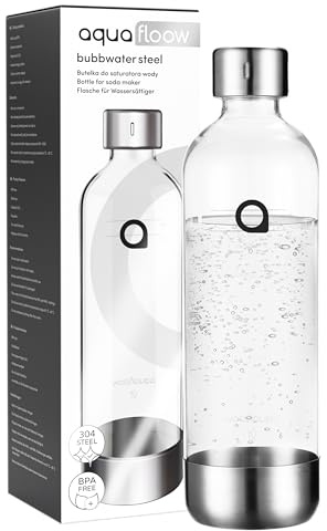 Aquafloow Bottiglia per Gasatore d’Acqua, Bottiglia in Plastica Senza BPA da 0,8 L con Base in Acciaio Inox, Flacone Riutilizzabile per Acqua Frizzante, Ideale per Carbonatore