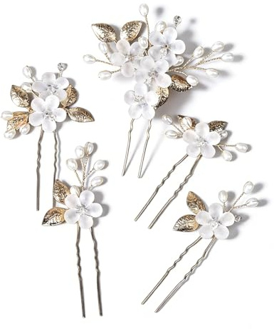YIPFEN 5er-Set Hochzeit Haarschmuck goldene Haarnadeln mit Blumen und Perlen für Damen und Mädchen