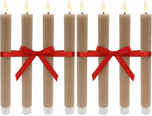 Relaxdays LED Stabkerzen, 4er Set, HxD 25 x 2 cm, flackernde Flamme, Echtwachs, Rillen, flammenlose Kerzen, Mocha Mousse (Packung mit 2)