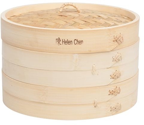 Helen's Asian Kitchen Bamboo Food Steamer with Lid - 100% Natural Bamboo - Basket Steamers for Cooking Dumplings, Dim Sum, Veggies, Fish, Meat - Preserve Nutrients & Flavors - 10-Inch