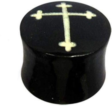 CHICNET Horn Plug Kreuz Gothic Bone Inlay schwarz weiß Flesh Tunnel Organic Expander Tribal Piercing 16 mm