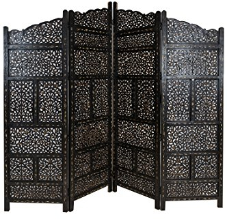 Orientalischer Paravent Raumteiler aus Holz Saraswati 200 x 180cm hoch in Braun | Indischer Trennwand als Raumtrenner oder Dekoration im Zimmer oder Sichtschutz im Garten, Terrasse oder Balkon