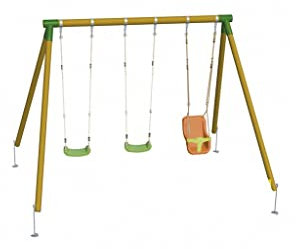 | MASGAMES | Columpio de Madera Triple ETNA | 2 Asientos Planos de plástico + Silla de bebé con Respaldo | Madera tratada | Anclajes incluidos | Uso doméstico |
