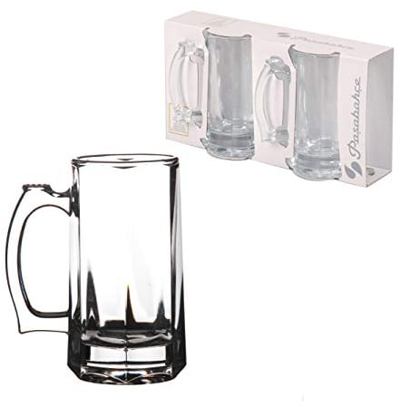 German Beer Stein Mugs 355ml Set of 2 Traditional Classic Glass Beer Tankards Glasses Handled Beer Lager Party Pub Bar Mugs Glasses, Clear Glass
