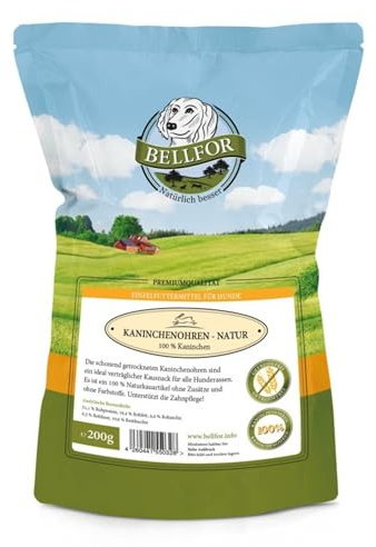 Bellfor - Kaninchenohren ohne Fell - 200 g. Kausnacks für Hunde zur Unterstützung gesunder Zähne bei Welpen und Senioren. Leicht verdaulich. Hundeleckerli für das Hundetraining.