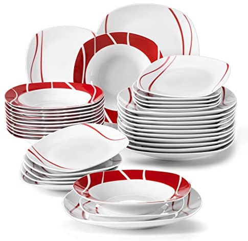 Malacasa Série Felisa Service de table de 36 pièces en porcelaine 12 assiettes à dessert, 12 assiettes creuses et 12 assiettes plates Service complet pour 12 personnes