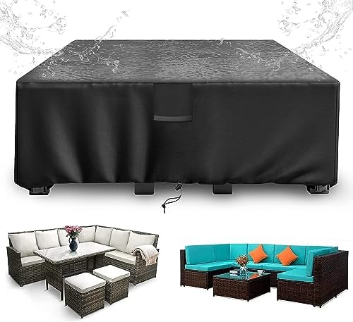 SIRUITON Housse pour Meubles de Jardin, 420D Oxford Tissu Housse Table de Jardin Protection pour Tous Les Temps, pour Ensembles de Table et de Canapé avec Corde et Boucle Verrouillage (270x180x89cm)