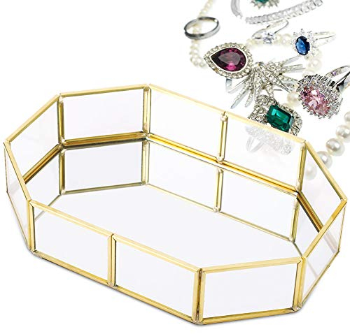 Vassoio Decorativo in Vetro Scatole Portagioie 20,5×14,2×4,2 cm Vassoio Oro per Profumo Gioielli Specchio Organizzatore Succulente Piante Contenitore