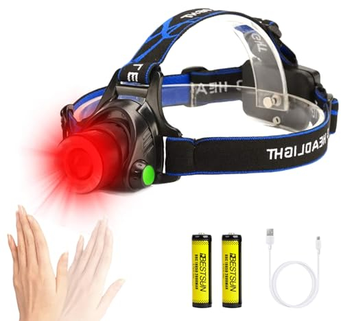XLENTGEN Stirnlampe LED Wiederaufladbar 800 Lumen Rotlicht Kopflampe mit Bewegungssensor, 3 Modi Rotes Licht Zoombare Kopflampe Stirnlampe für Angeln, Jagd, Astronomie