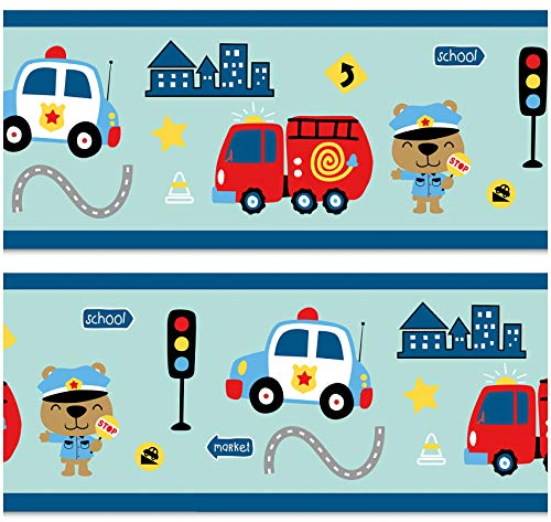 Bordüre 15cm x 200cm für Kinderzimmer Babyzimmer Dekor Aufkleber Wandbordüre selbstklebend Wandtattoo für Kinder Mädchen Junge Y033 (Feuerwehr/Polizei)