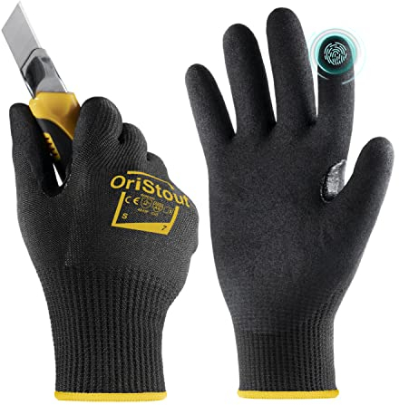 Cut Resistant Work Gloves, EN388 4X43F Level 6, Touchscreen, Sandy Nitrile Coated Firm Grip, Cut Proof Safety Gloves for Builders, Woodwork, Warehouse, Site, Construction(1 Pair, Small/Size 7)