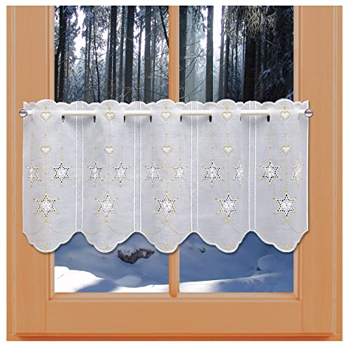 kollektion MT Scheibengardine Sterne mit Herzen in Weiß-Gold Scheibenhänger aus Vogtländischer Spitze mit Lochstickerei 30 x 64 cm