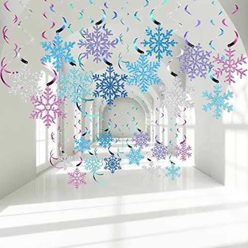 30 Stück Schneeflocken hängende Wirbel Dekorationen, Weihnachtsdeckendekoration, lila, blau, weiß, Schneeflocken für Winterurlaub, Wunderland, Neujahr, Geburtstag, Partyzubehör (bunt)