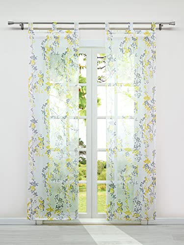 HeichkelL Schiebegardinen Schlaufen 2er Set Voile Flächenvorhang für Wohnzimmer Schiebevorhang mit Beschwerungszubehör Fensterstores Raumteiler Beerenstrauch Muster BxH 57x225 cm Gelb