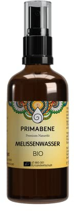 PRIMABENE Melissenwasser Bio - 100 ml - 100% natürliches Melissenhydrolat für Gesicht, Haare & Körper - für alle Hauttypen - lebensmittelgeeignet - Glasflasche mit Pumpzerstäuber - frei von Zusätzen