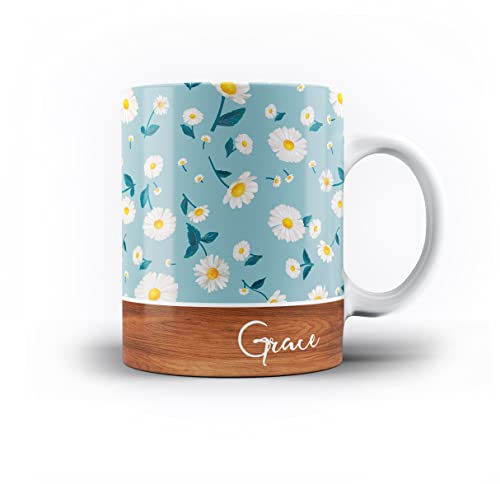 Personalised Floral & Leaf Pattern with Name on Wood Design 11oz Ceramic Mug - 12. Daisies on Blue