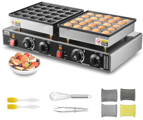 VEVOR 50PCS Mini Dutch Pancake Maker, Non-stick Stainless Steel Dorayaki Baker, 1800W Commercial Electric Poffertjes Grill Pan, Dual Temp & Time Control, for Kitchen Restaurant Breakfast Dessert