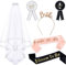 jenich 6er JGA Set Braut Schärpe Schleier Braut Buttons Tiara Stirnband Bräutigam Schärpe Abzeichen Buttons Schwarz JGA Schärpe Buttons Männer und Frauen für JGA Engagement Hochzeit Feiern