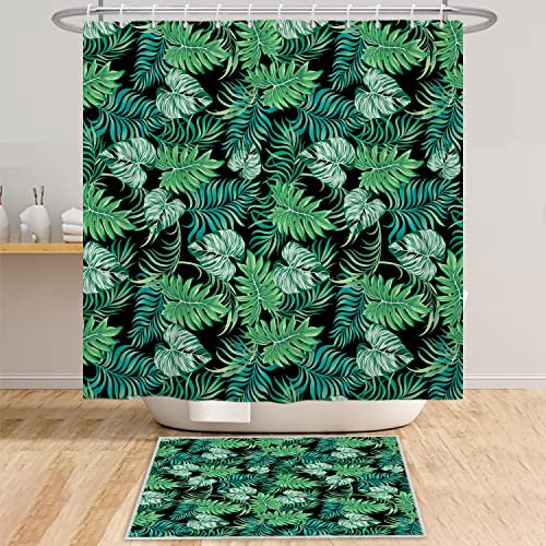 Bovlleetd Green Leaf Shower Curtain 60x72inch Palm Leaf Botanical Shower Curtains Tropical Plant Black Background Bathroom Decorative Curtain Waterproof Bathtub Curtain