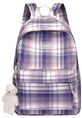 Eiennoai Light Academia Ästhetischer Rucksack Plaid Preppy Rucksack Personalisierter Rucksack mit Plüschanhänger Niedlicher Reiserucksack Schultasche Ästhetischer Rucksack für Mädchen