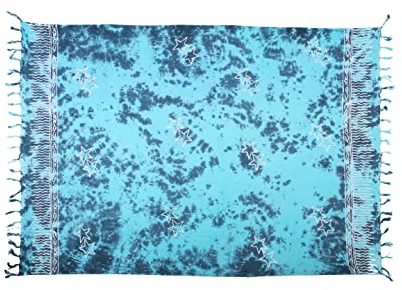 Pareo Sarong Strandtuch Damen - Wickelrock Strand - Handtuch blickdicht als Wickeltuch oder Handtuchkleid und Wickelkleid damen - Handarbeit aus Fair Trade Herstellung Batik Türkis Blau Sterne